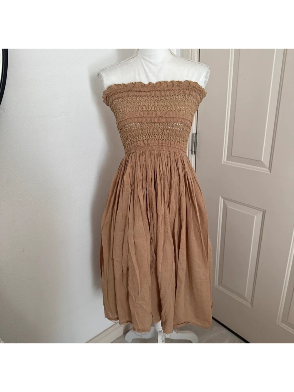 New Mable smocked strapless midi tan dress